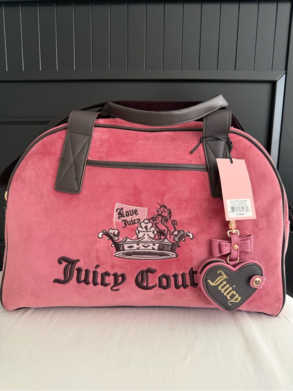Juicy Couture Juicy Crown Weekender Duffle Bag Chateau Rose Velvet Bow Charm - Picture 2 of 10